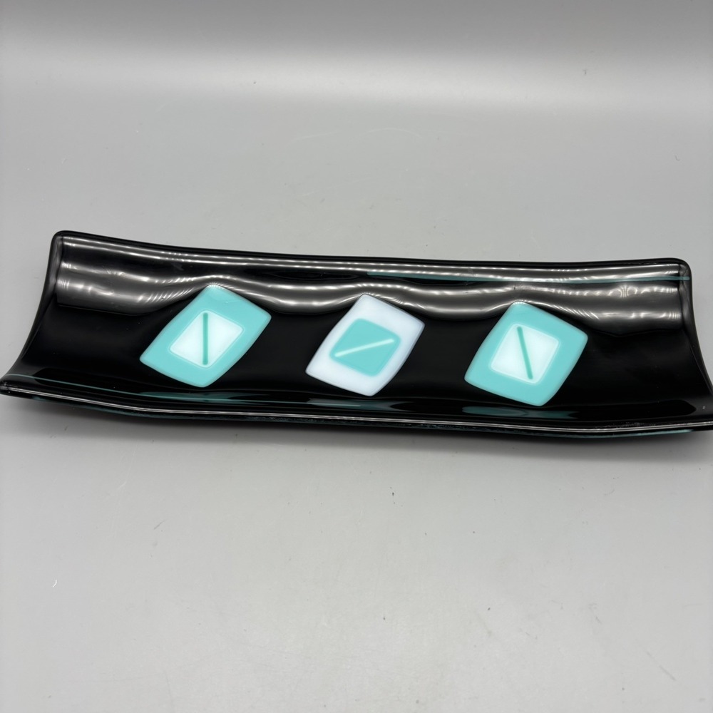 Fused Black Blue Glass Serving Dish Plate Swirl Raised Accent Molded Trinket